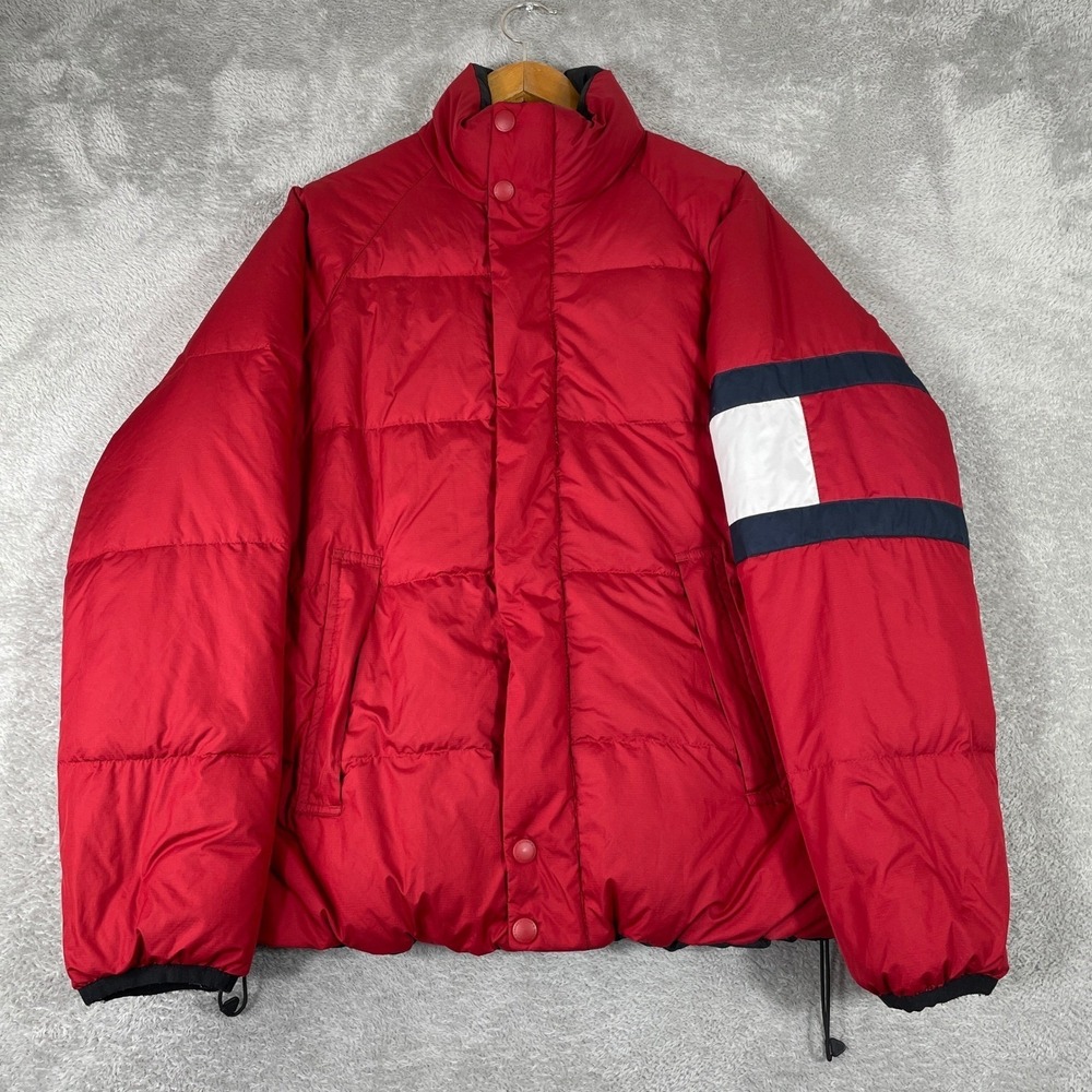 Tommy Hilfiger Reversible Puffer Jacket Mens Small Red Black Flag Logo Down Fill